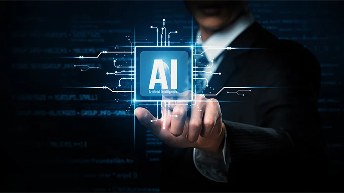Businesswoman touches virtual light bulb icon labeled AI.