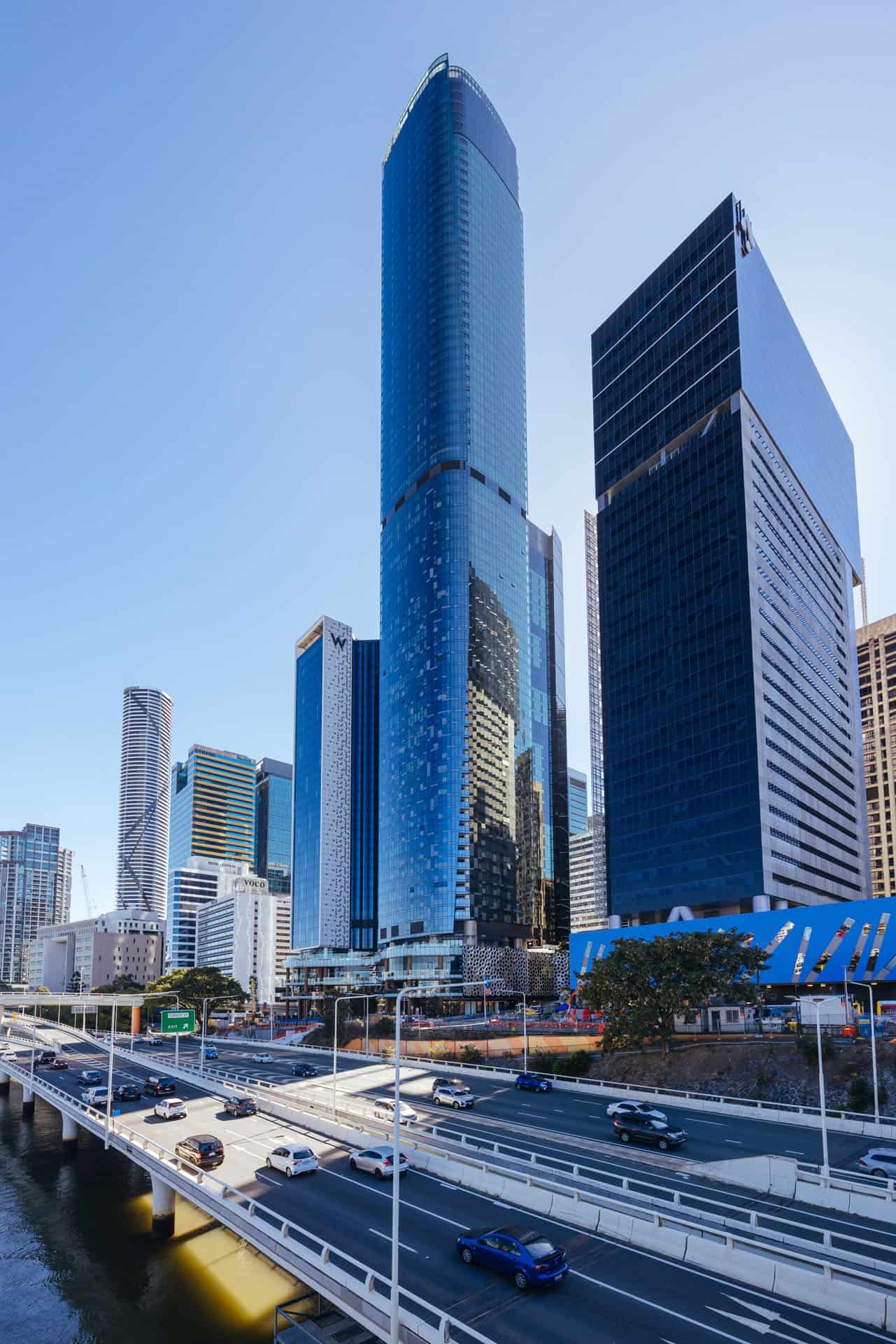 Brisbane CBD skyline with modern high-rise buildings and riverfront infrastructure